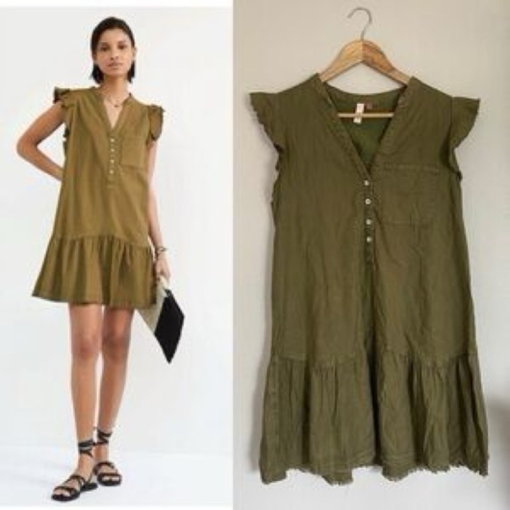 Anthropologie Khaki Ruffle Sleeve Dress